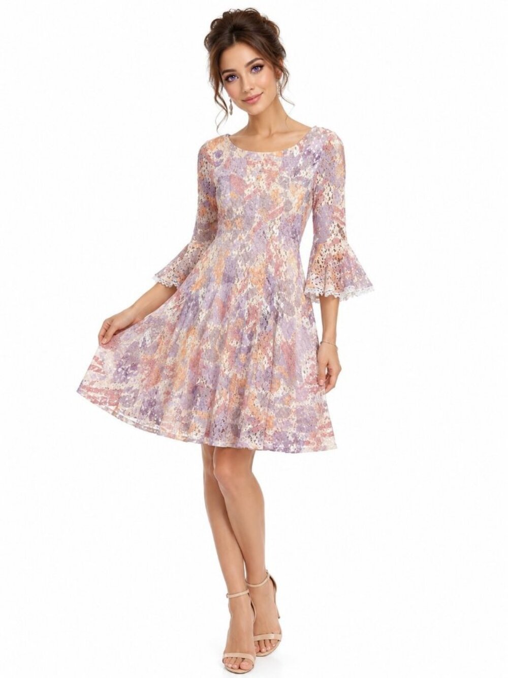 Chris McLaughlin Lace Fit  Flare Dress Size 6 Pastel Floral Bell Sleeve Romantic